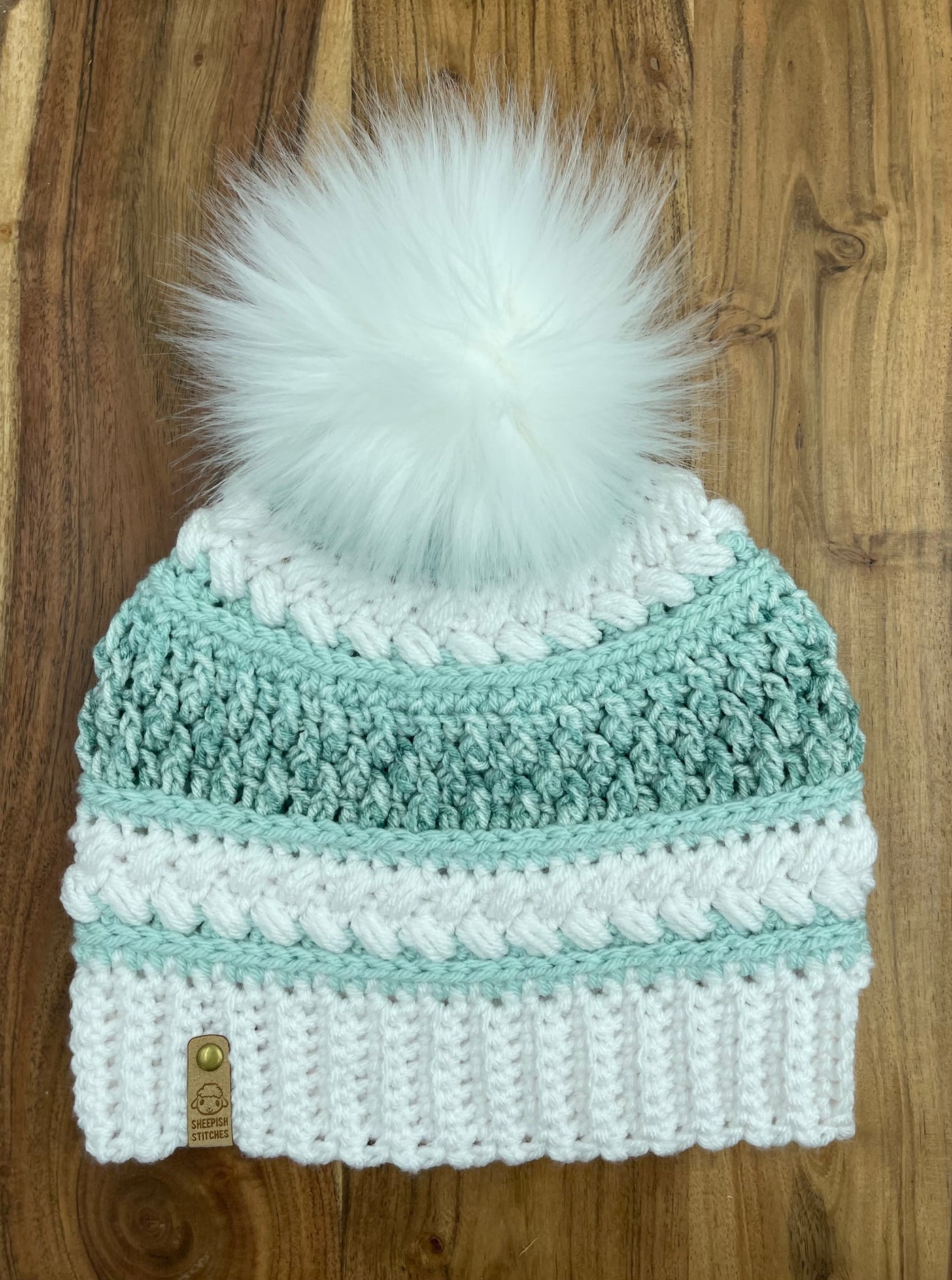 White and teal multi - Hand Crochet Beanie with Faux Fur Pom Pom