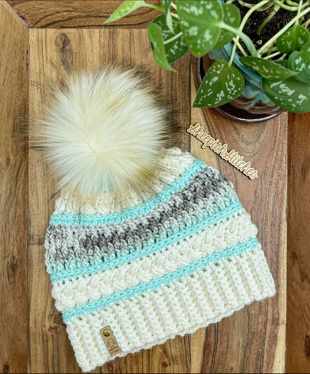 Ivory , Mint and Multi Tone - Hand Crochet Beanie with Faux Fur