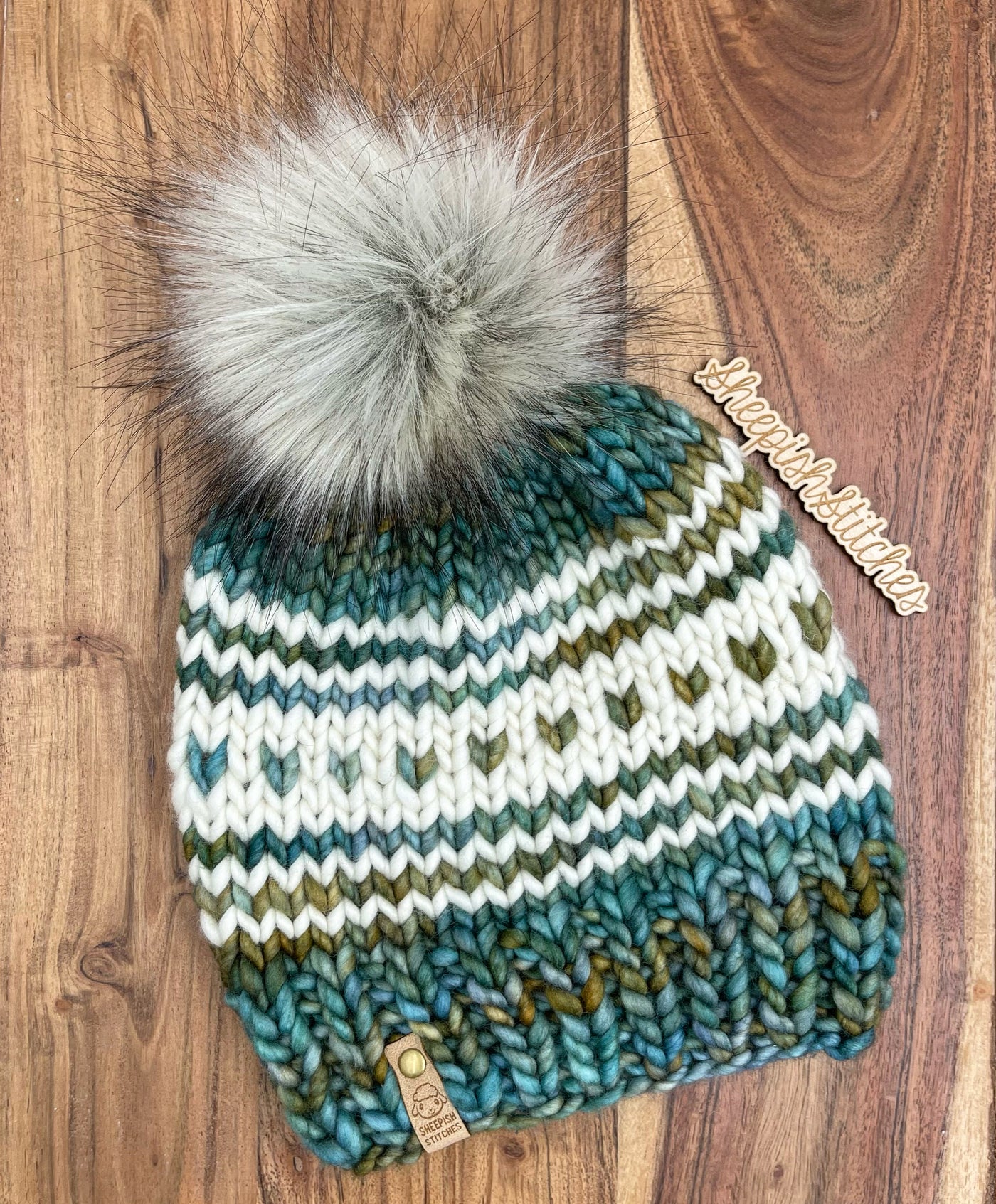 Green tones with ivory accent - Merino Wool Knit Hat with Faux Fur Pom Pom, Hand Knit Luxury Beanie, Ethically Sourced Merino Wool Toque