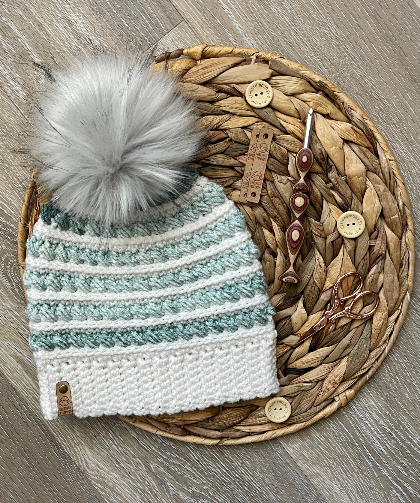 White and Teal Ombre Crocheted Beanie with faux fur pom pom