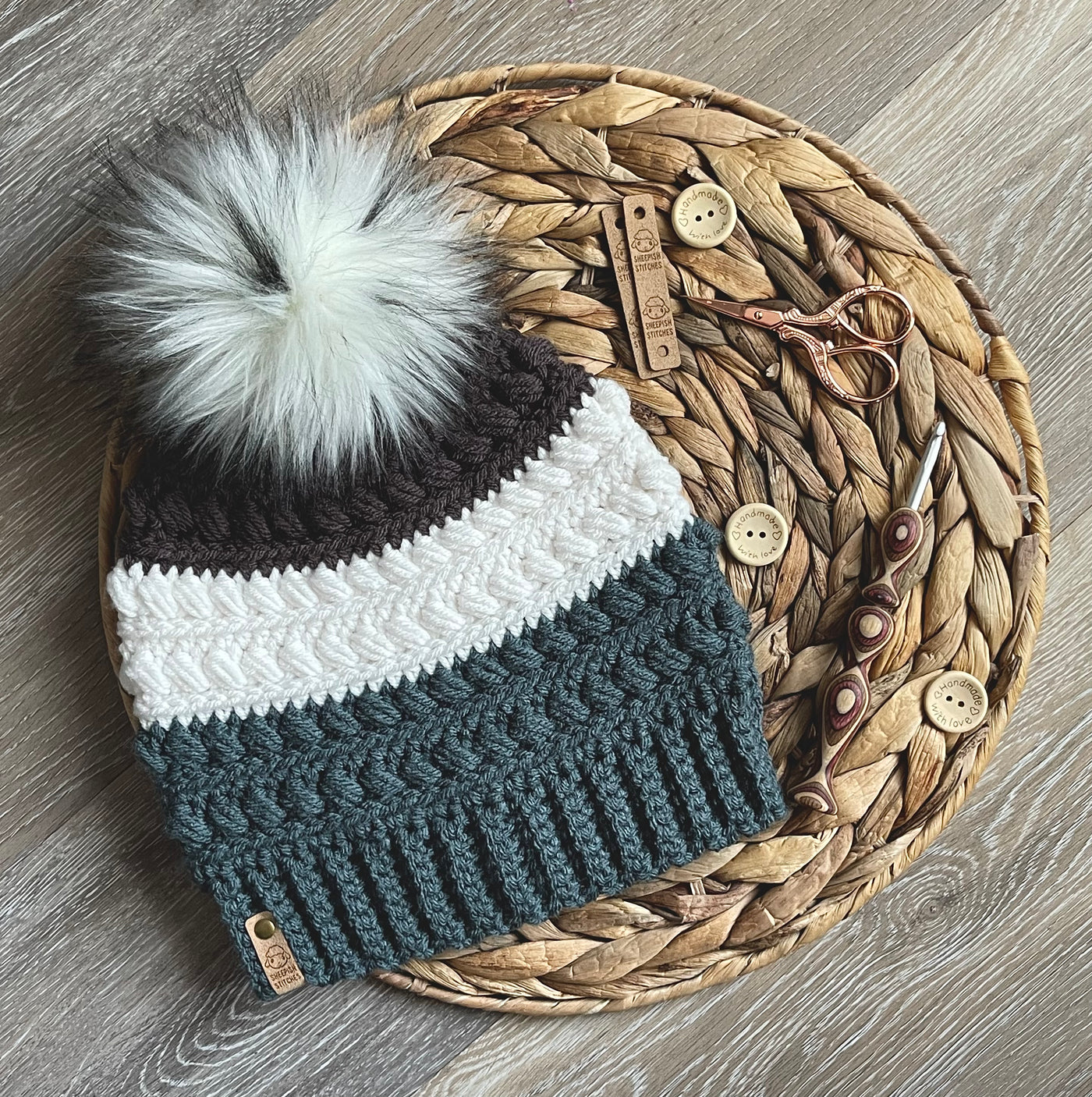 Teal, White, Gray Crocheted Beanie with faux fur pom pom