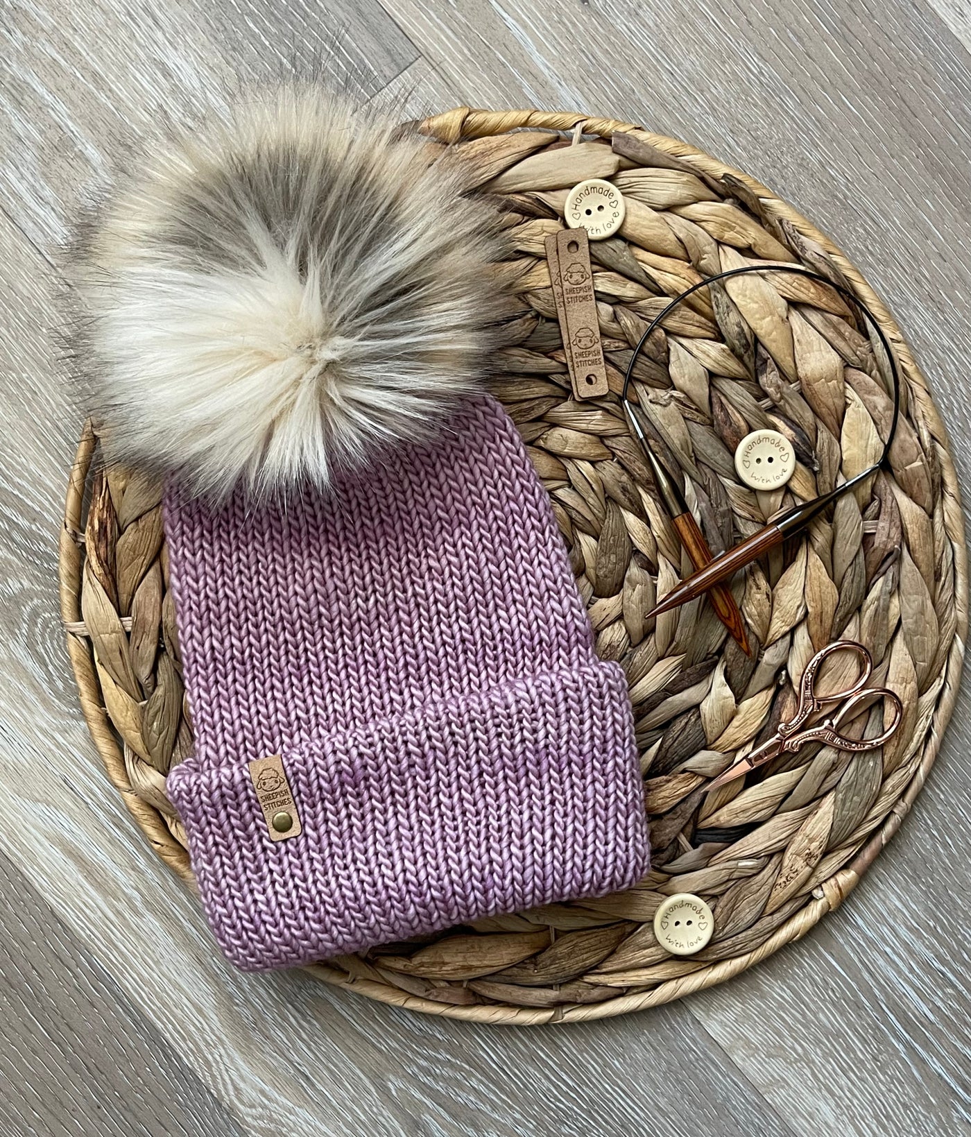 Purple - Merino Wool Double Layered Knit Hat with Faux Fur Pom Pom