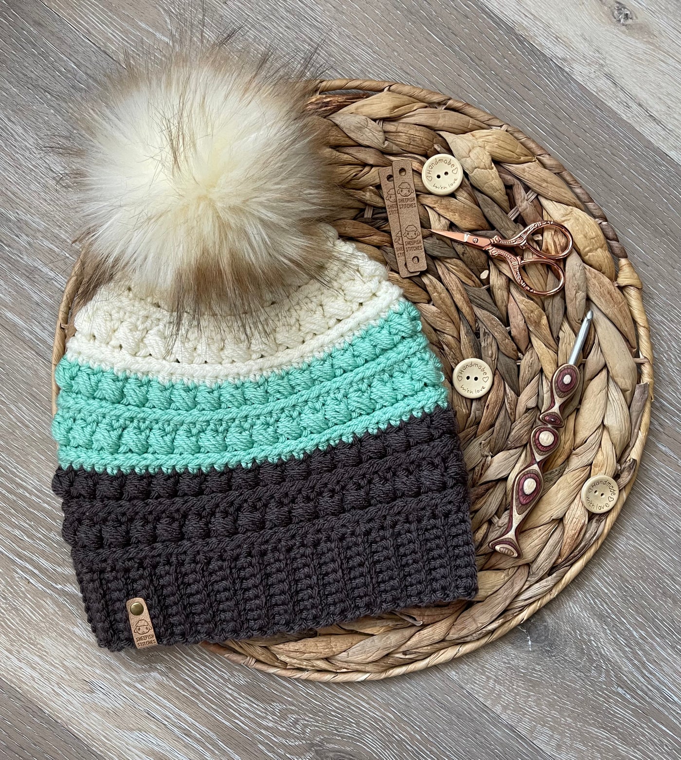 Gray, Aqua, Ivory Crocheted Beanie with faux fur pom pom