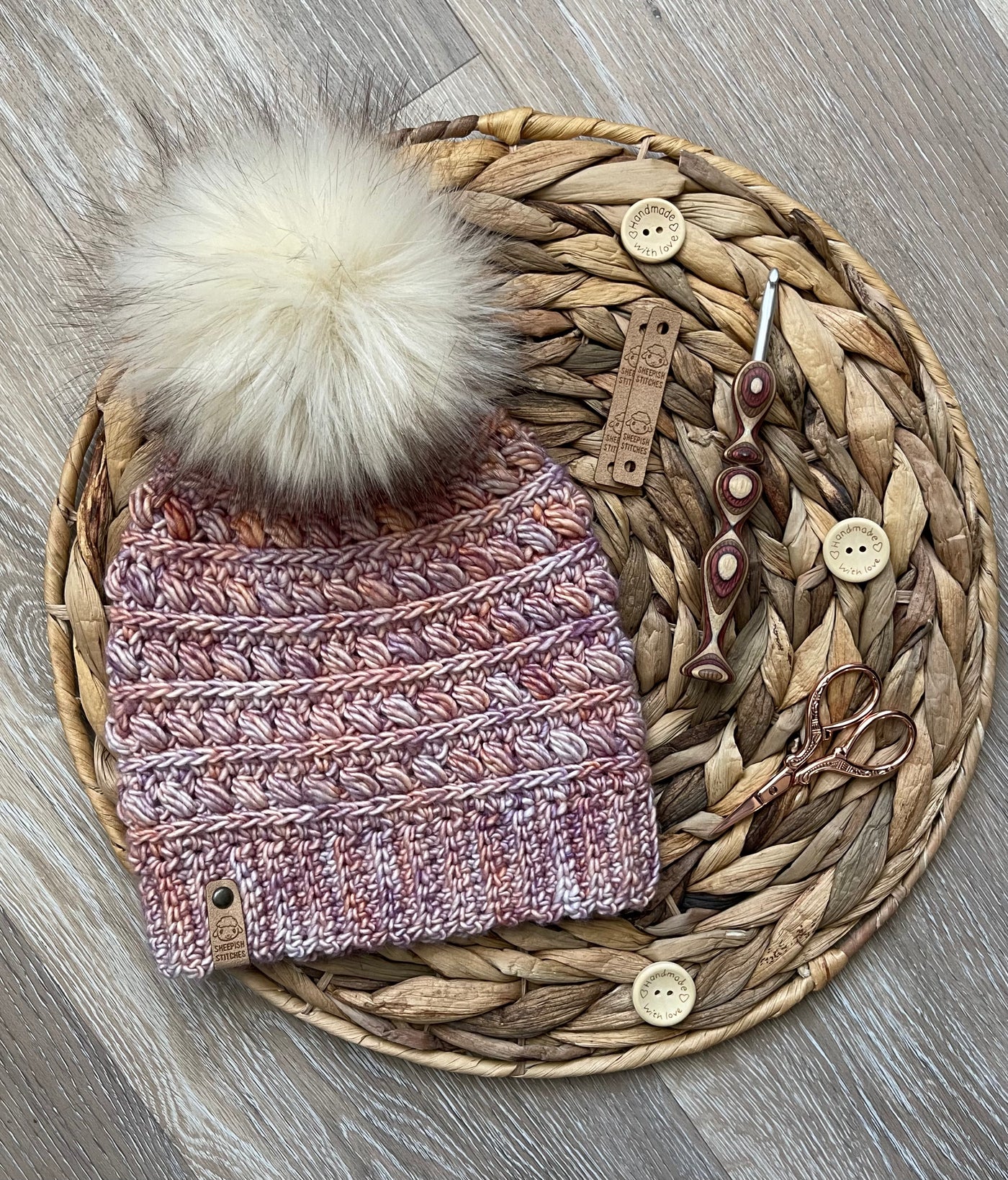 Pink and Purple Multi Color - Merino Wool Knit Hat with Faux Fur Pom Pom, Hand Knit Luxury Beanie, Ethically Sourced Merino Wool Toque