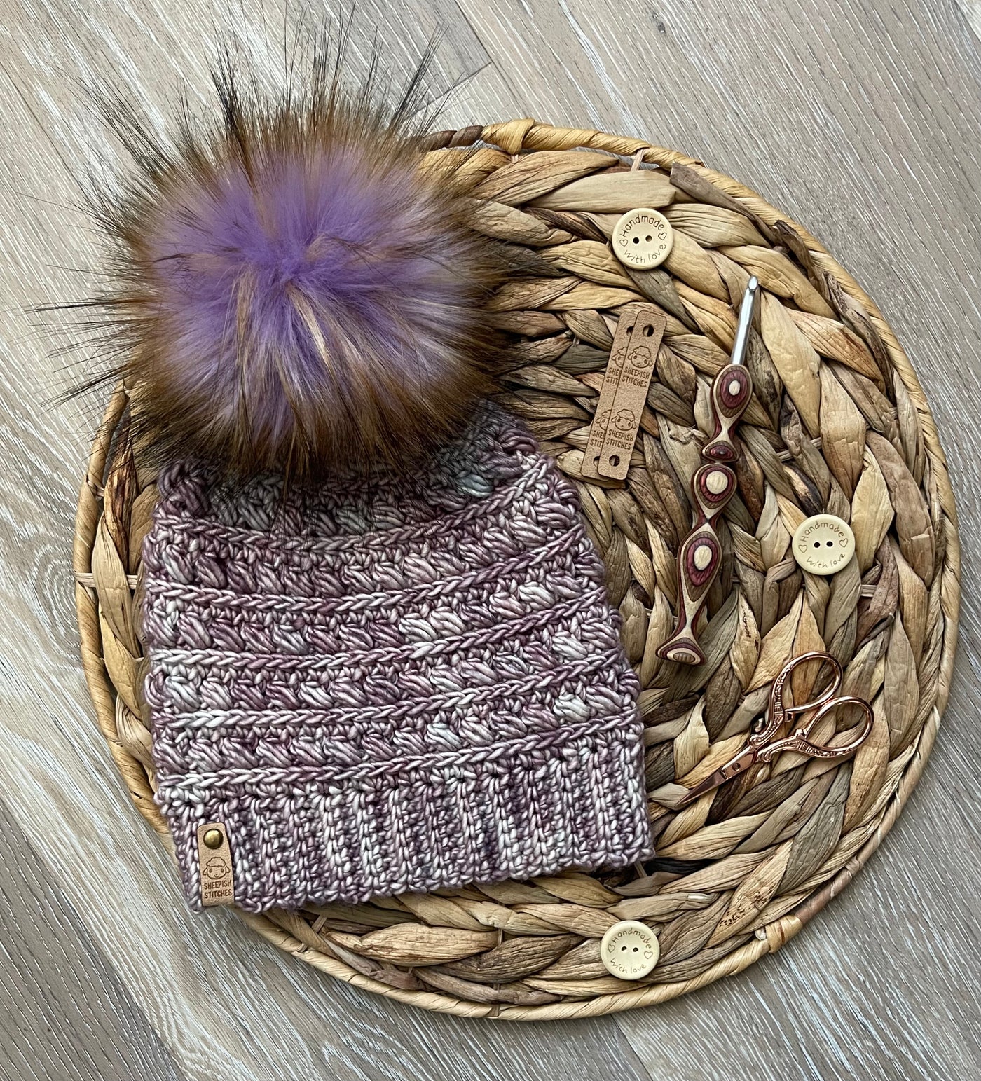 Purple Multi and Gray - Merino Wool Knit Hat with Faux Fur Pom Pom, Hand Knit Luxury Beanie, Ethically Sourced Merino Wool Toque