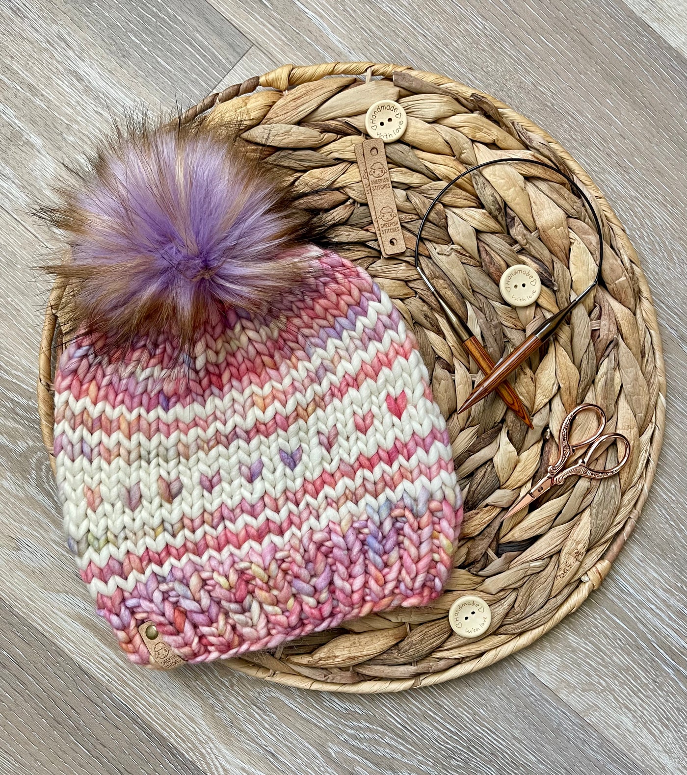 Pink, Purple, Ivory - Merino Wool Knit Hat with Faux Fur Pom Pom, Hand Knit Luxury Beanie, Ethically Sourced Merino Wool Toque