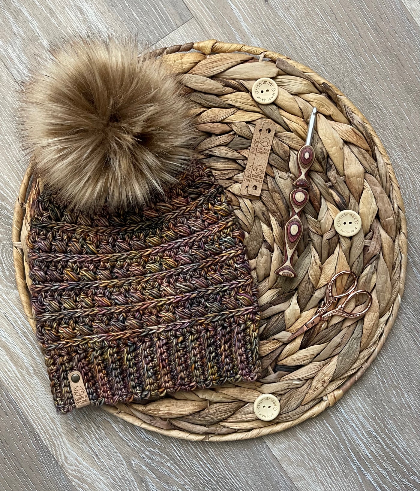 Earthy Multi Color - Merino Wool Knit Hat with Faux Fur Pom Pom, Hand Knit Luxury Beanie, Ethically Sourced Merino Wool Toque