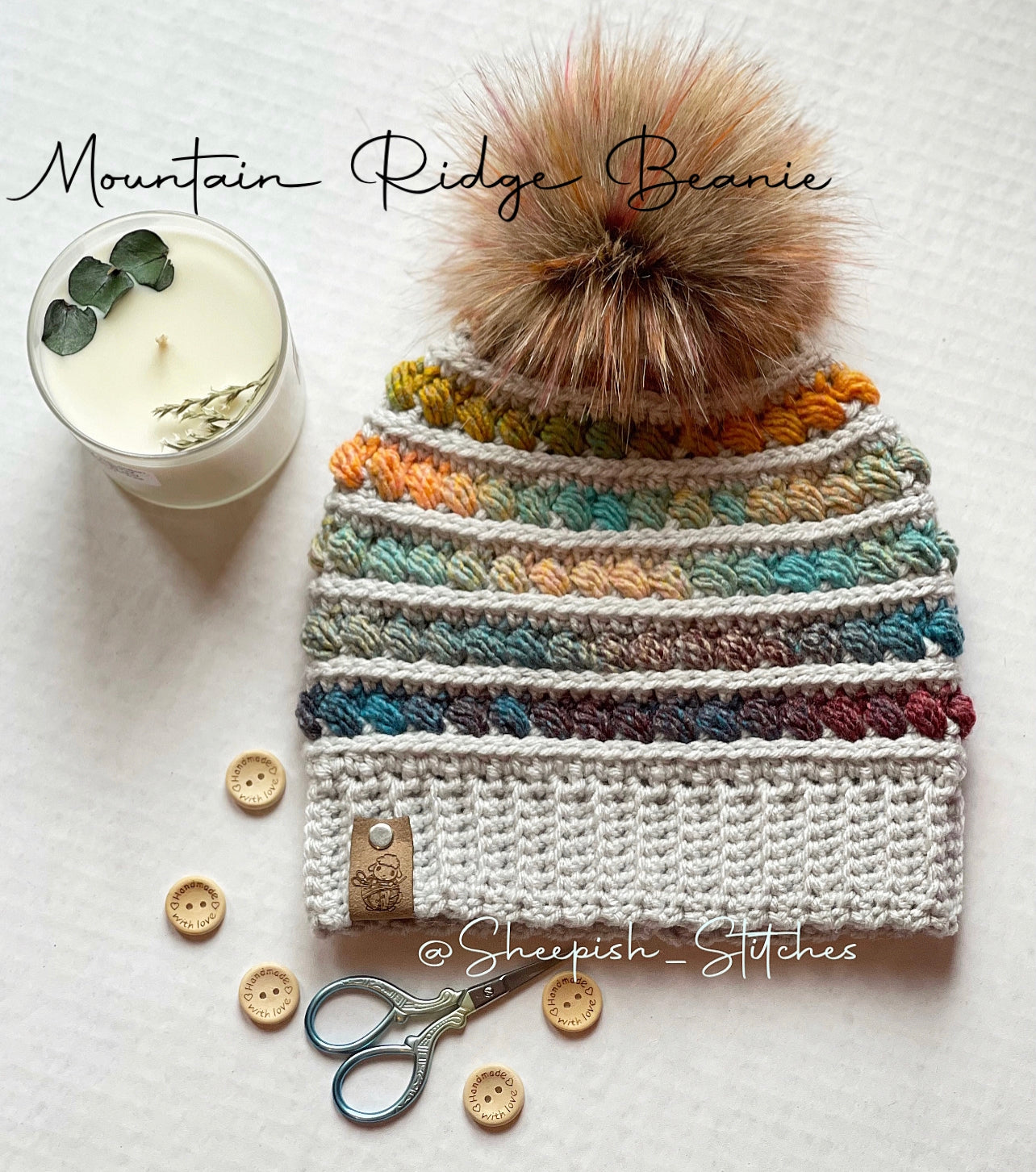 Gray and multi mix - Hand Crochet Beanie with Faux Fur Pom Pom (Copy)i