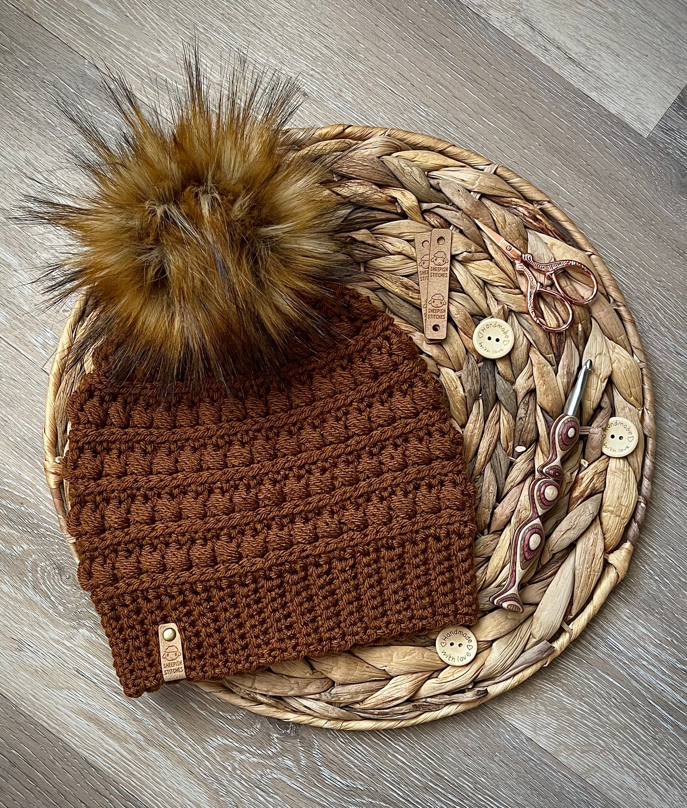 Cinnamon Crocheted Beanie with faux fur pom pom