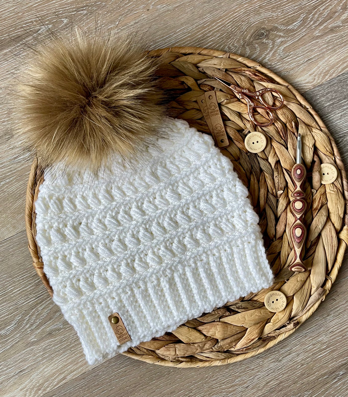 White Crocheted Beanie with faux fur pom pom