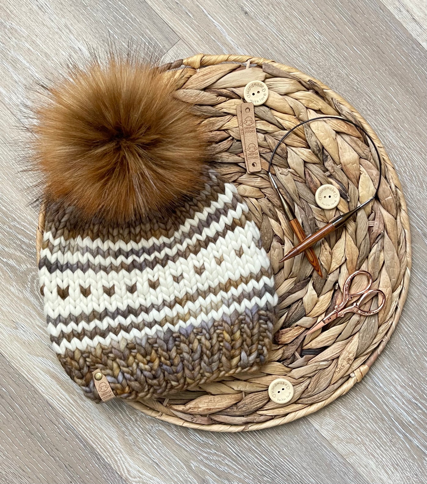 Browns,Gray, Ivory - Merino Wool Knit Hat with Faux Fur Pom Pom, Hand Knit Luxury Beanie, Ethically Sourced Merino Wool Toque