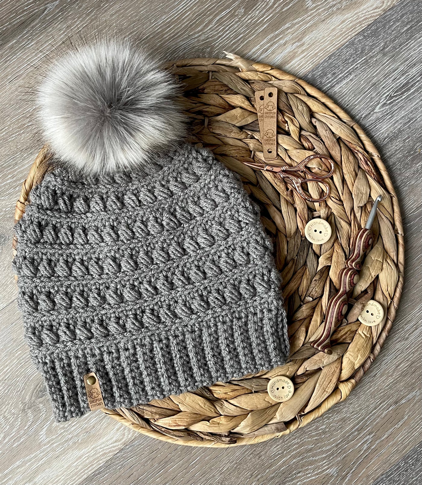 Medium Gray Crocheted Beanie with faux fur pom pom