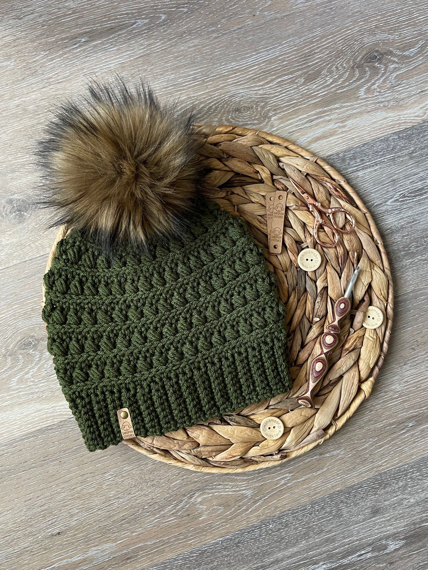 Dark Olive Green Crocheted Beanie with faux fur pom pom
