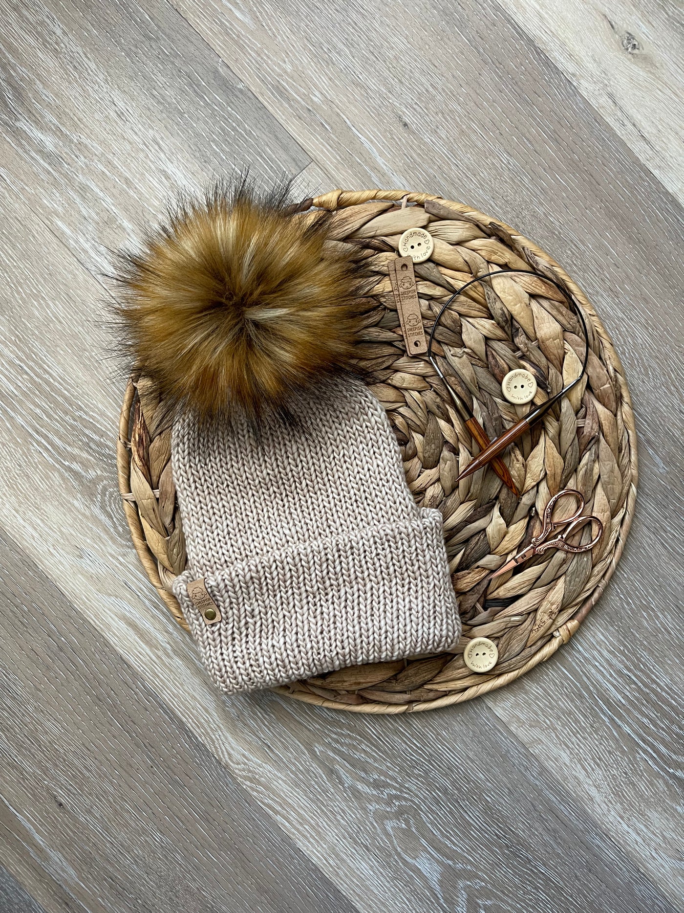 Khaki - Merino Wool Double Layered Knit Hat with Faux Fur Pom Pom