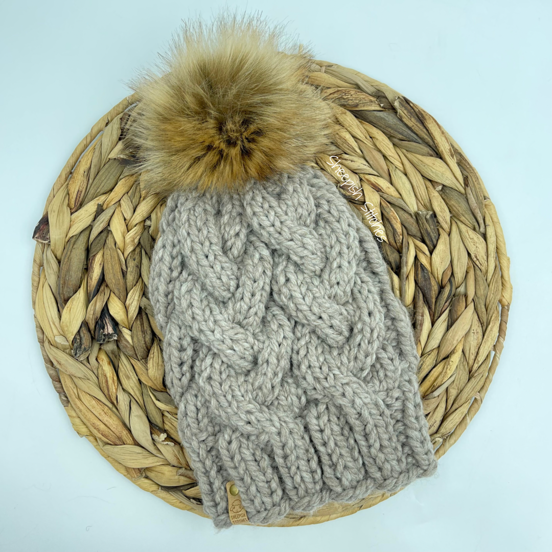 Cable Beanie - Wool Blend Knit Hat with Faux Fur Pom Pom, Hand Knit Luxury Beanie, Ethically Sourced Merino Wool Toque (Copy)