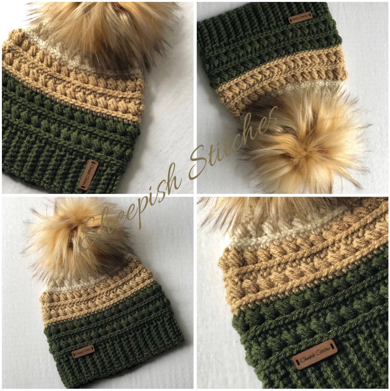 Drab green crochet beanie, olive toque, baby hat, childs cap, fall fashion, winter accessories, army green, faux fur pom pom