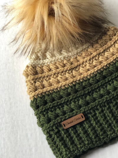 Drab green crochet beanie, olive toque, baby hat, childs cap, fall fashion, winter accessories, army green, faux fur pom pom