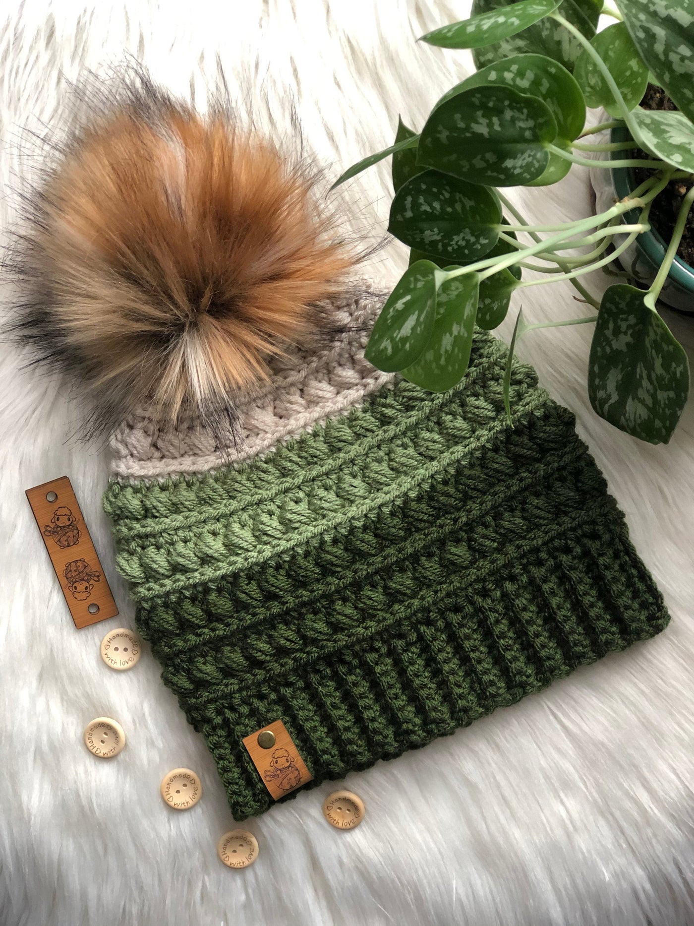 Drab green crochet beanie, olive toque, fashion beanie, winter accessories, army green, faux fur pom pom