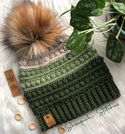 Drab green crochet beanie, olive toque, fashion beanie, winter accessories, army green, faux fur pom pom