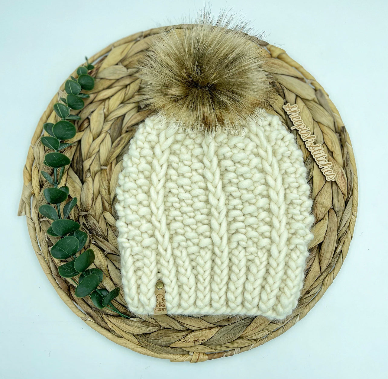 Ivory Peruvian Wool Knit Hat with Faux Fur Pom Pom, Hand Knit Luxury Beanie, Ethically Sourced Wool Toque