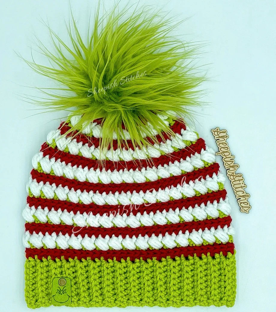 Green, Red, and White Christmas Inspired Hand Crocheted Beanie with faux fur Pom Pom, toque, hat, woman’s gifts