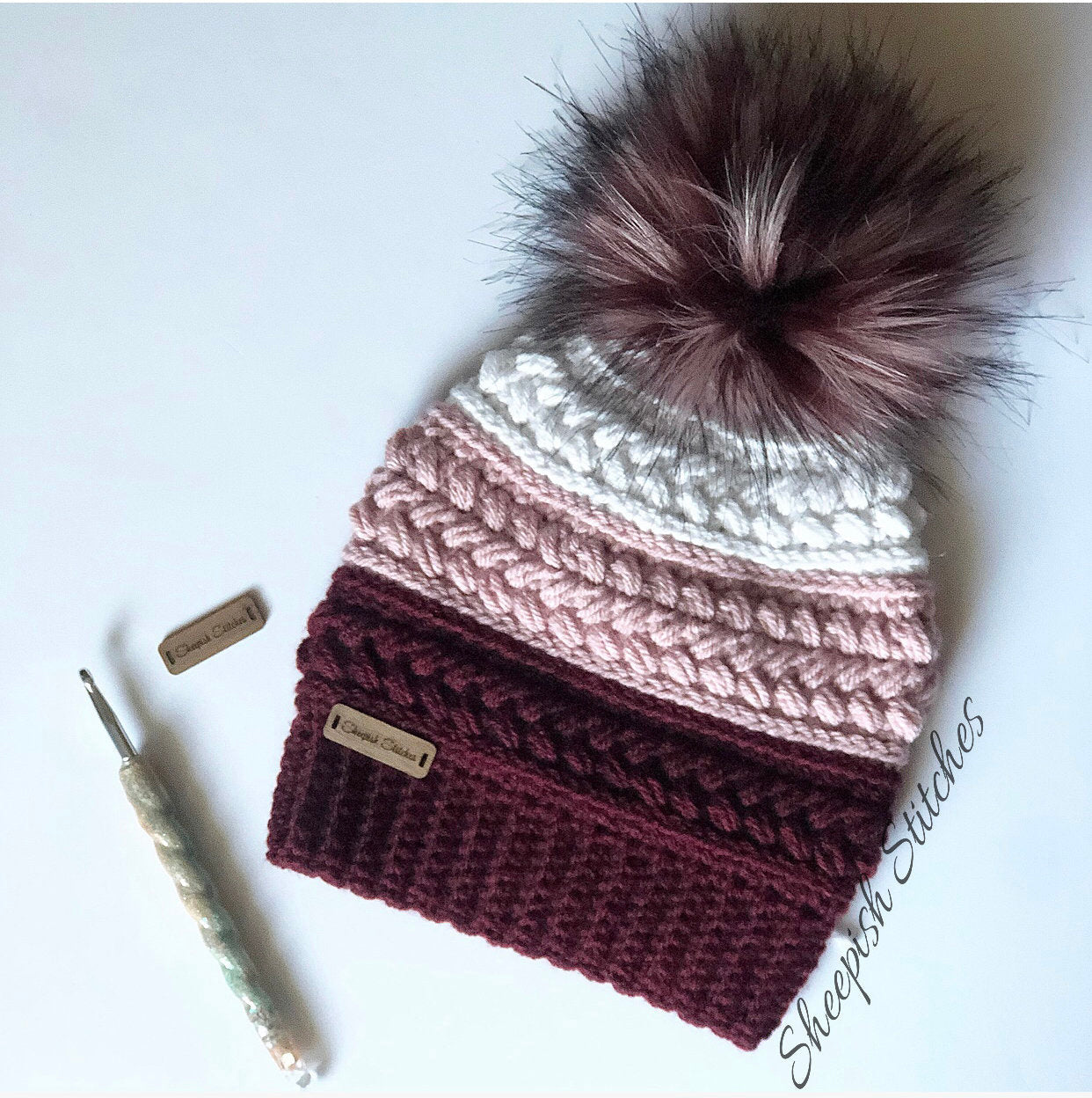 Burgundy, Blush, and White Hand Crocheted Beanie with faux fur Pom Pom, toque, hat, cap, woman’s gifts