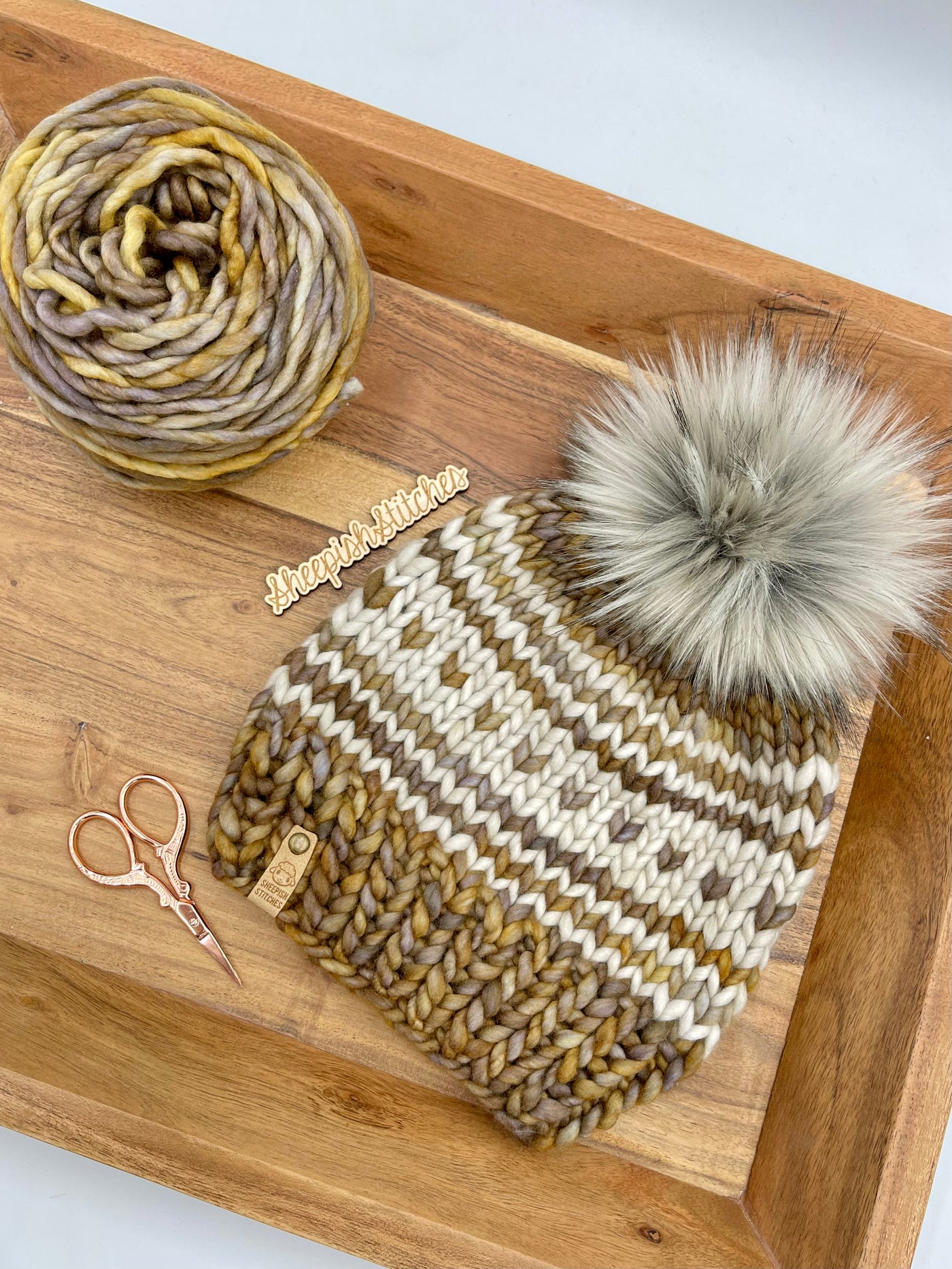 Brown/Bronze Mix with Gray Accent- Merino Wool Knit Hat with Faux Fur Pom Pom, Hand Knit Luxury Beanie, Ethically Sourced Merino Wool Toque