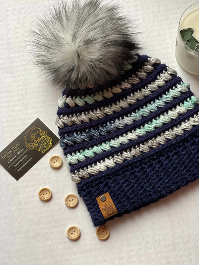 Navy, Aqua, Gray, and White Hand Crocheted Beanie with faux fur Pom Pom, toque, hat, cap, woman’s gifts