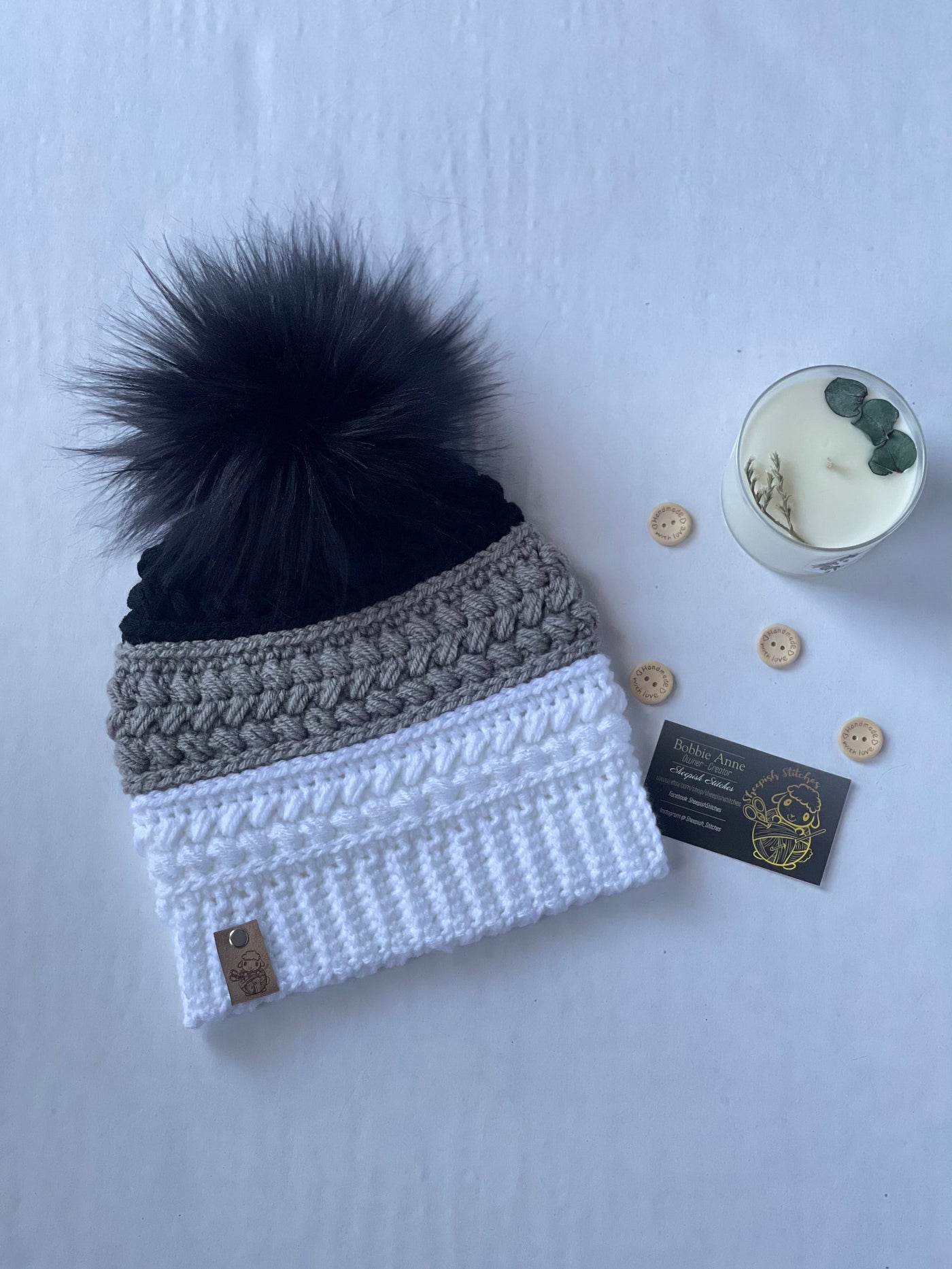 Black, Gray, White Hand Crocheted Beanie with faux fur Pom Pom, toque, hat, cap, woman’s gifts