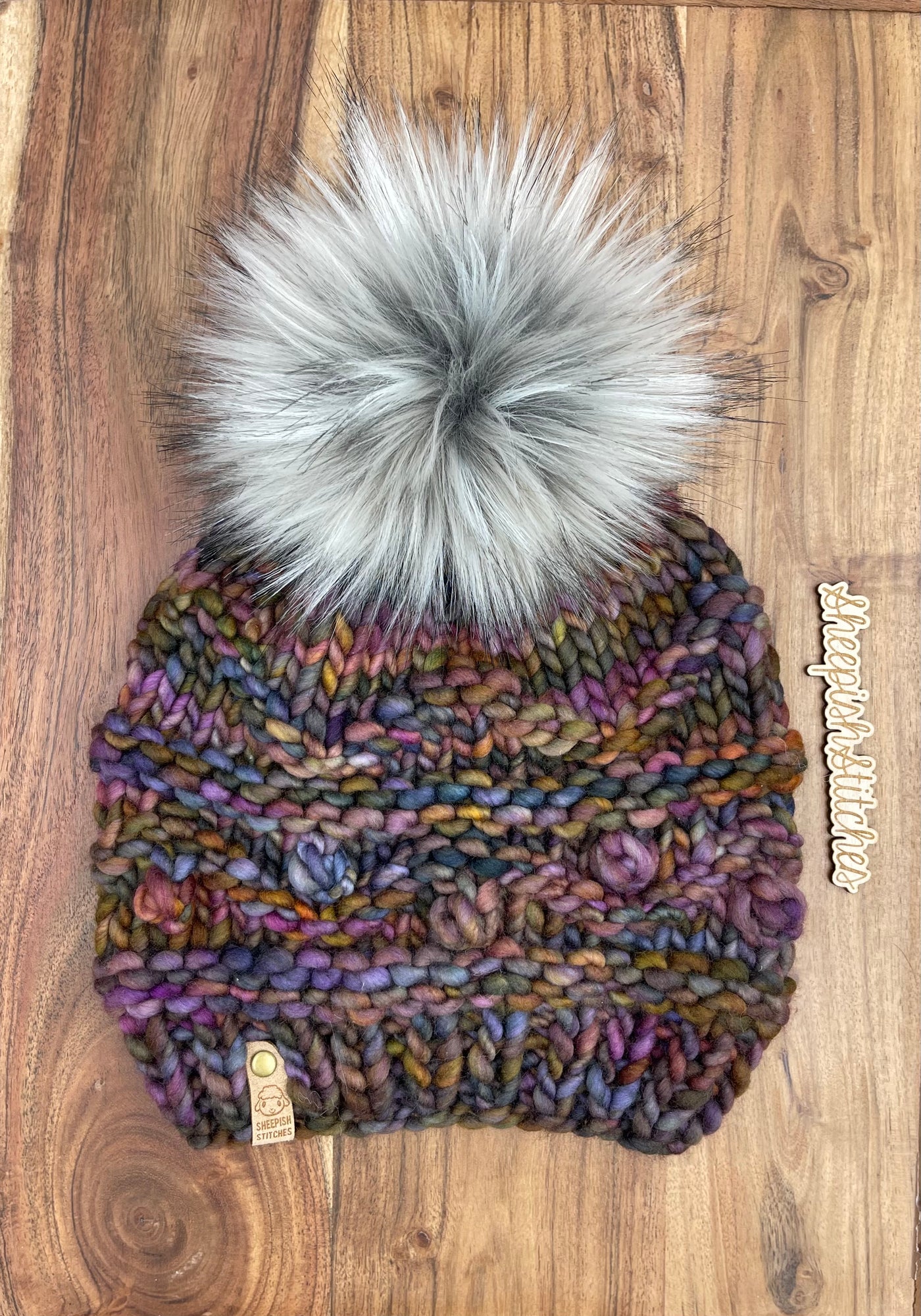 Deep jewel mix- Merino Wool Knit Hat with Faux Fur Pom Pom, Hand Knit Luxury Beanie, Ethically Sourced Merino Wool Toque