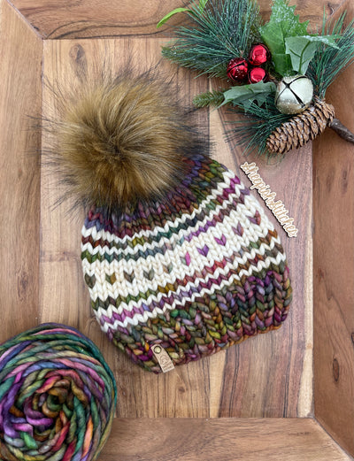 Jewel tones with ivory accent - Merino Wool Knit Hat with Faux Fur Pom Pom, Hand Knit Luxury Beanie, Ethically Sourced Merino Wool Toque