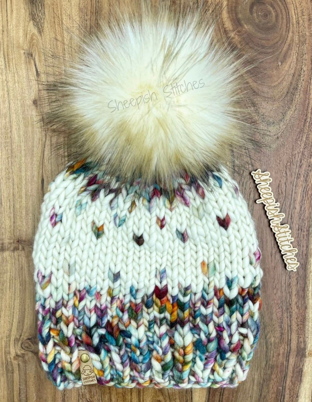 Multi Tone with Ivory Accent - Merino Wool Knit Hat with Faux Fur Pom Pom, Hand Knit Luxury Beanie, Ethically Sourced Merino Wool Toque