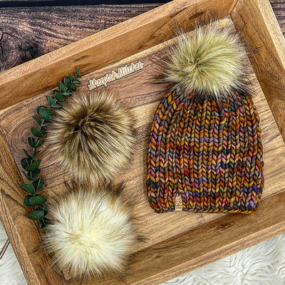 Earthy mix- Merino Wool Knit Hat with Faux Fur Pom Pom, Hand Knit Luxury Beanie, Ethically Sourced Merino Wool Toque