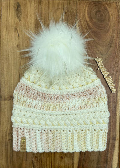 Ivory, Cream, Multi Tone Pink- Hand Crochet Beanie with Faux Fur Pom Pom