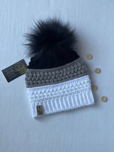 Black, Gray, White Hand Crocheted Beanie with faux fur Pom Pom, toque, hat, cap, woman’s gifts