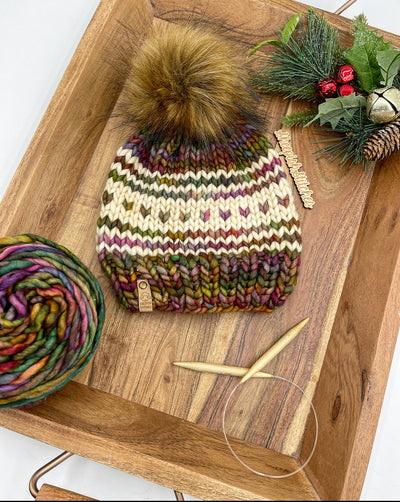 Jewel tones with ivory accent - Merino Wool Knit Hat with Faux Fur Pom Pom, Hand Knit Luxury Beanie, Ethically Sourced Merino Wool Toque