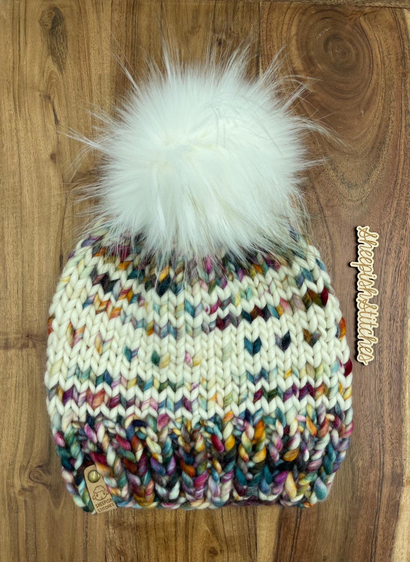 Multi Tone with Ivory Accent - Merino Wool Knit Hat with Faux Fur Pom Pom, Hand Knit Luxury Beanie, Ethically Sourced Merino Wool Toque