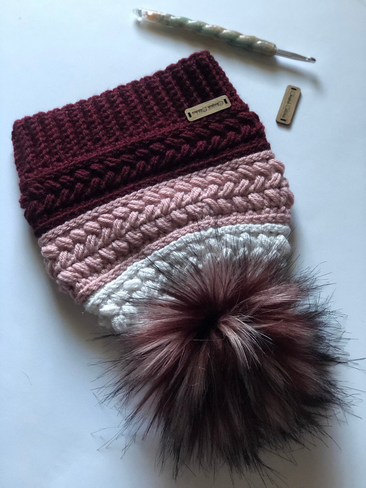 Burgundy, Blush, and White Hand Crocheted Beanie with faux fur Pom Pom, toque, hat, cap, woman’s gifts